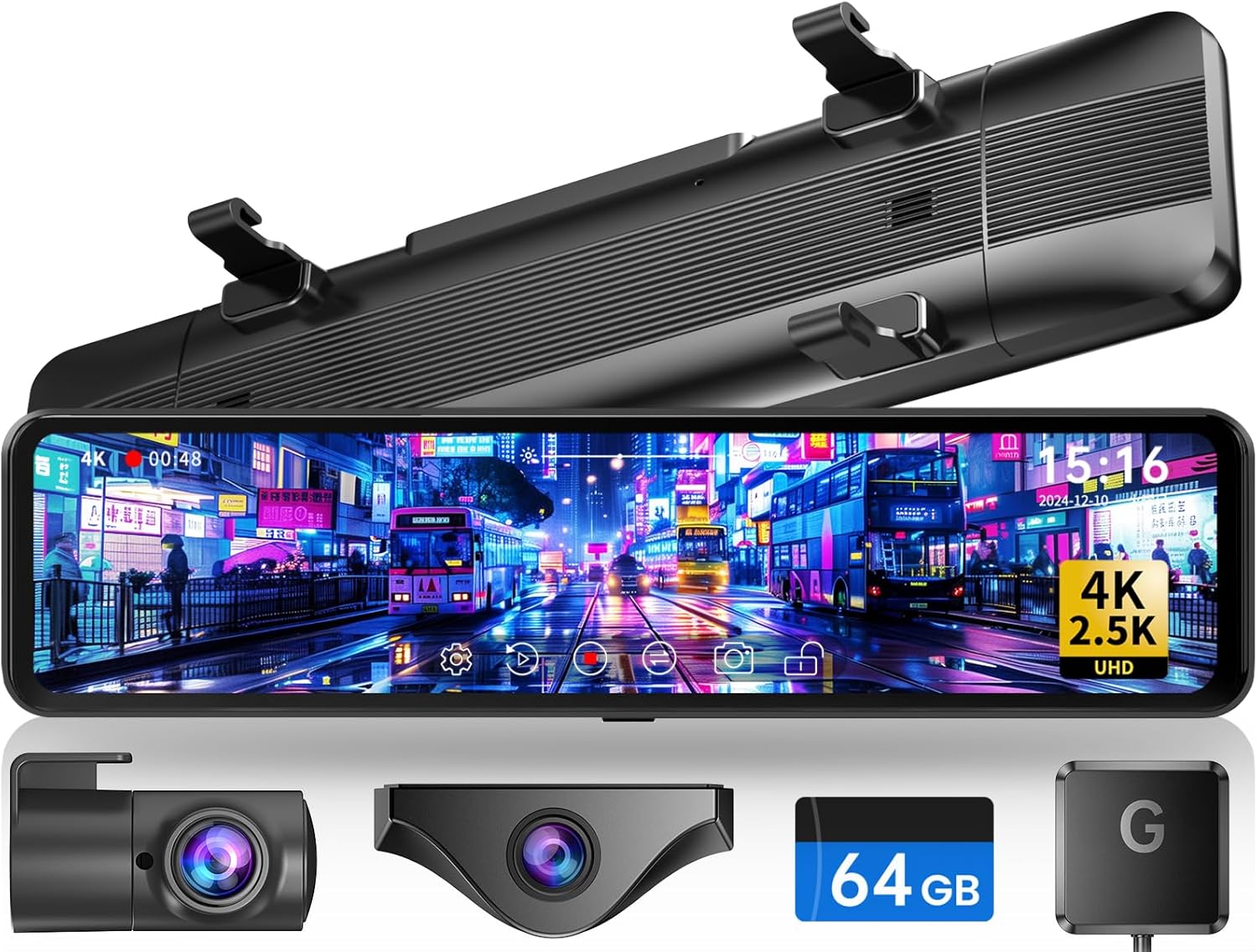 ドライブレコーダー ミラー型 4K/2.5K GPS搭載 分離式 11インチ 360°回転 可動 バック連動 24時間駐車監視 64GBメモリ付き (2025進級版)
