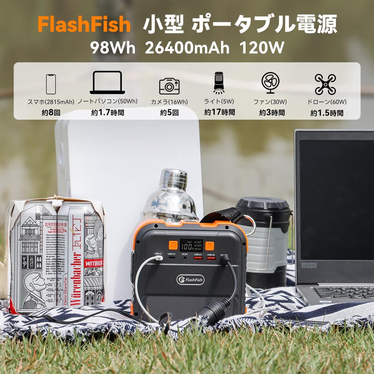 ポータブルバッテリー 26400mAh 家庭用 AC/DC/USB出力 軽量 ソーラー充電対応 キャンプや防災に最適