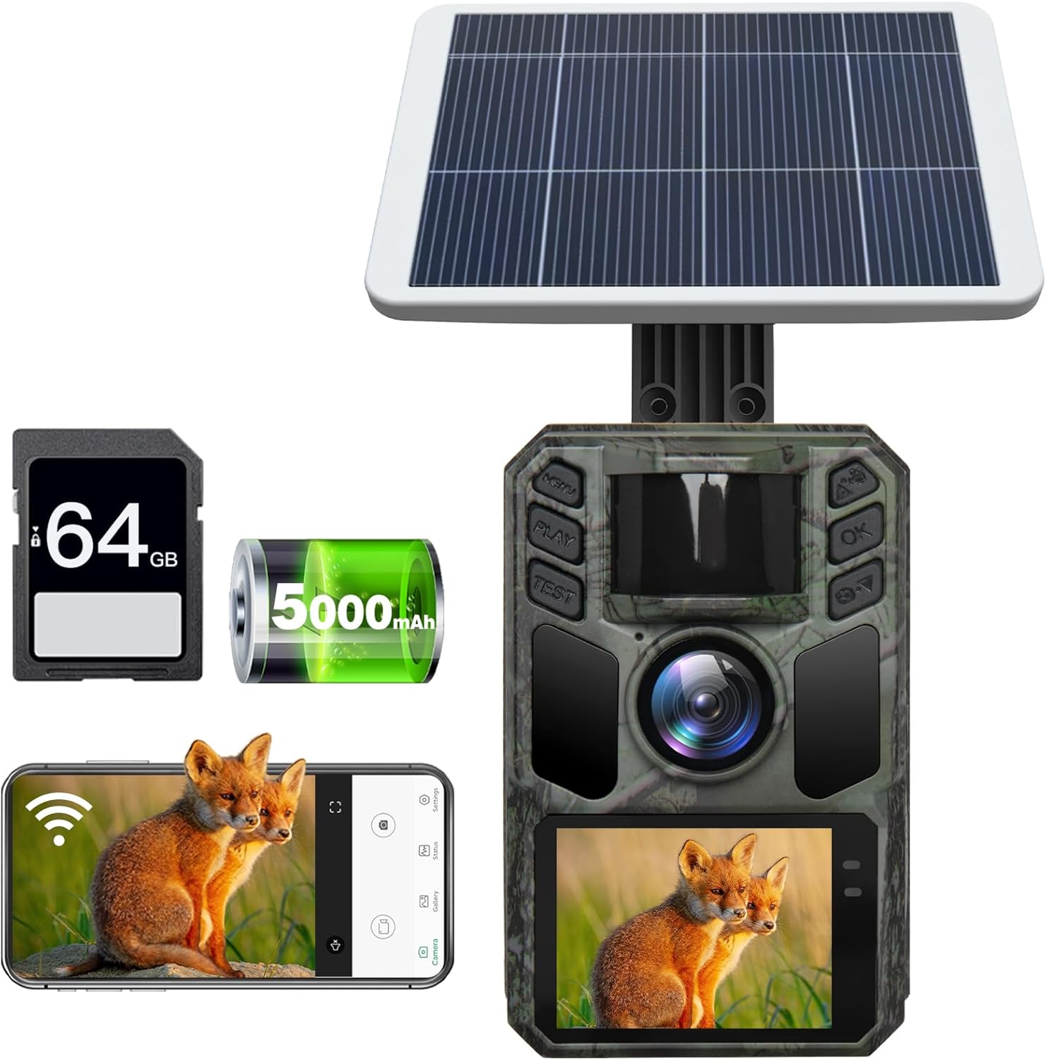 ソーラー充電式野生動物監視カメラ 64MP・4K動画対応・超高速トリガー・IP67防水