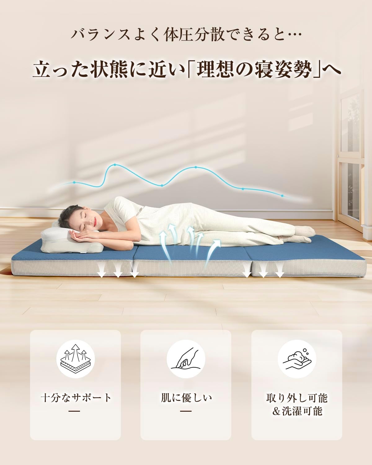 高反発マットレス シングル 10cm厚 折りたたみタイプ 体圧分散 腰痛対策 抗菌防臭【ブルー】