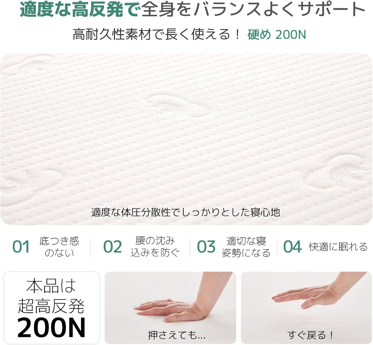高反発マットレス シングル 3cm 厚さ 防ダニ・抗菌加工 体圧分散 洗えるカバー付き ホワイト 97x195cm