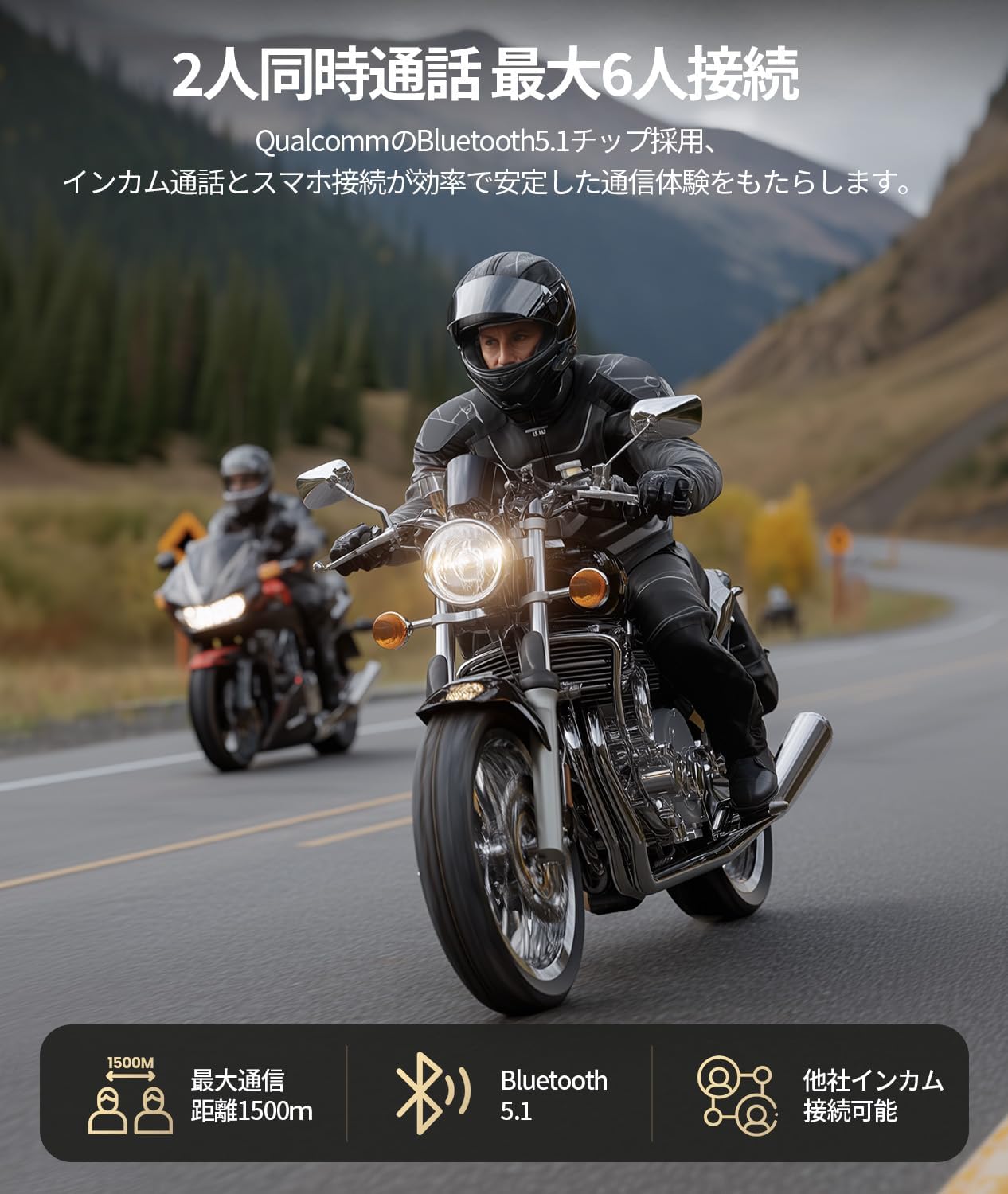 バイク用インカム R18Lite 2人同時通話・1500m通信距離・ノイズキャンセリング・IP67防水・音楽共有