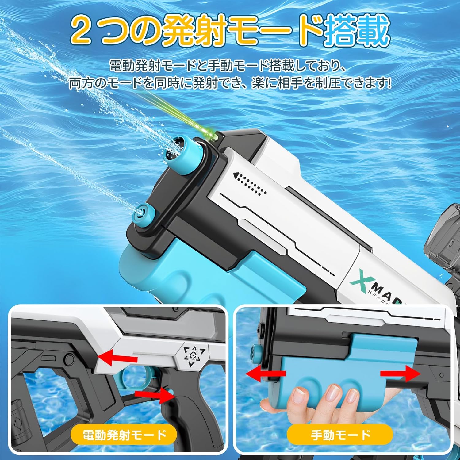 水鉄砲 2WAY発射モード 大容量800ml 自動吸水 LEDライト付き 子供向け 夏の水遊び用おもちゃ
