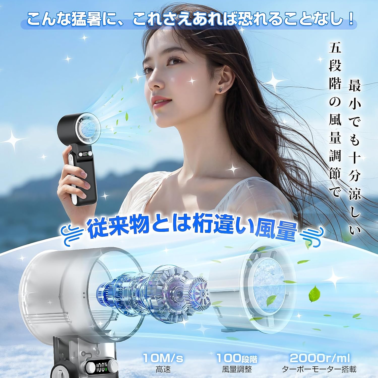 猛暑対策に最適なハンディファン -20℃冷却プレート搭載、6000mAh大容量、静音设计、LED液晶画面付き