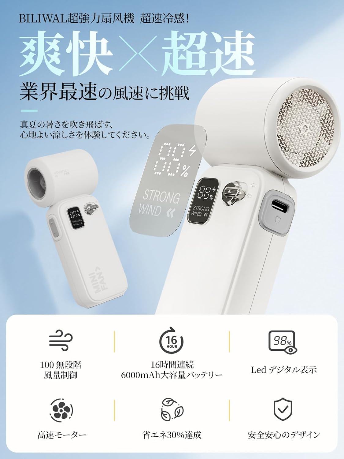 【携帯扇風機】超高速30000RPM・無段階風量調節・16m/sの風力・大容量5000mAh・最大12時間動作・Type-C急速充電・軽量・ストラップ付【アウトドア・暑さ対策】