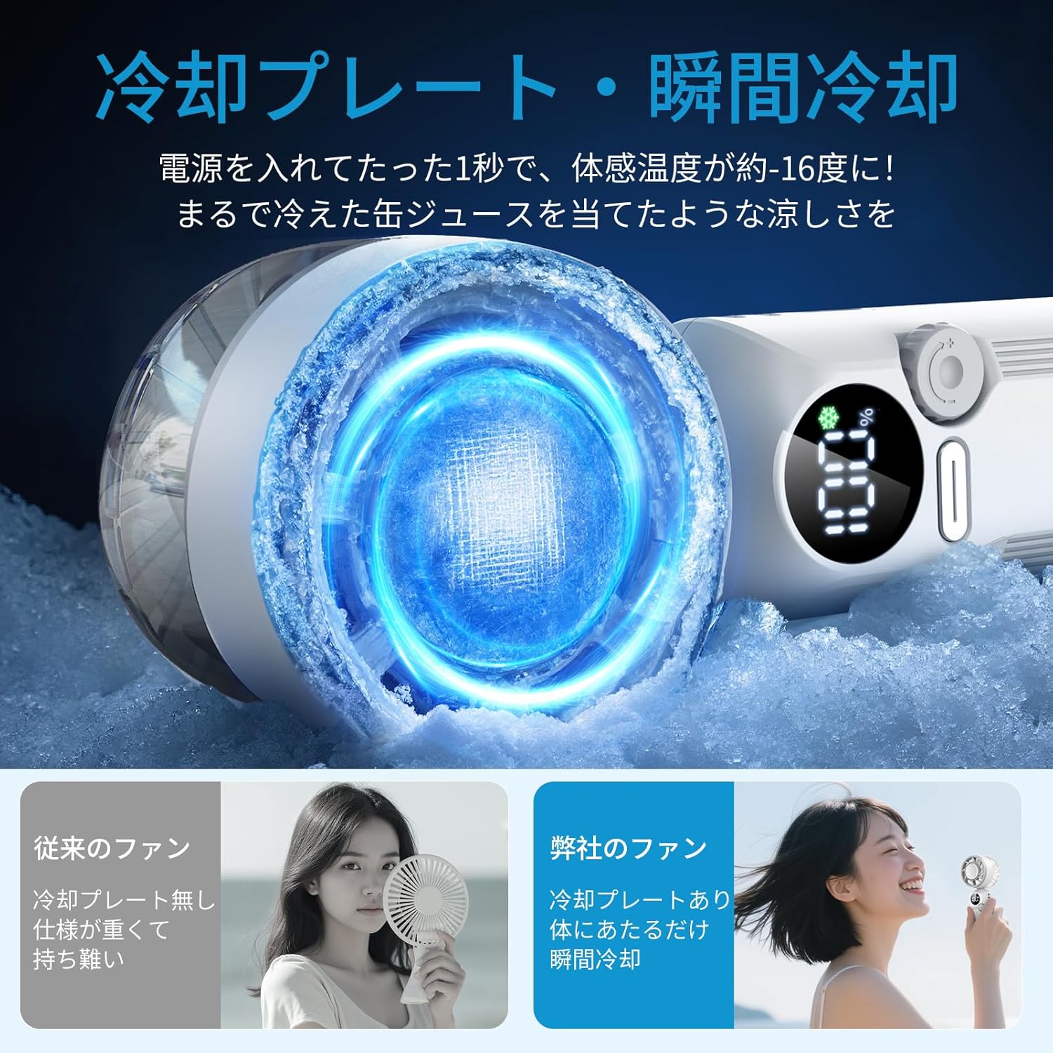 冷却プレート付きハンディファン - 100段階風量調節、超軽量160g、最長12時間稼働、静音設計、熱中症対策用