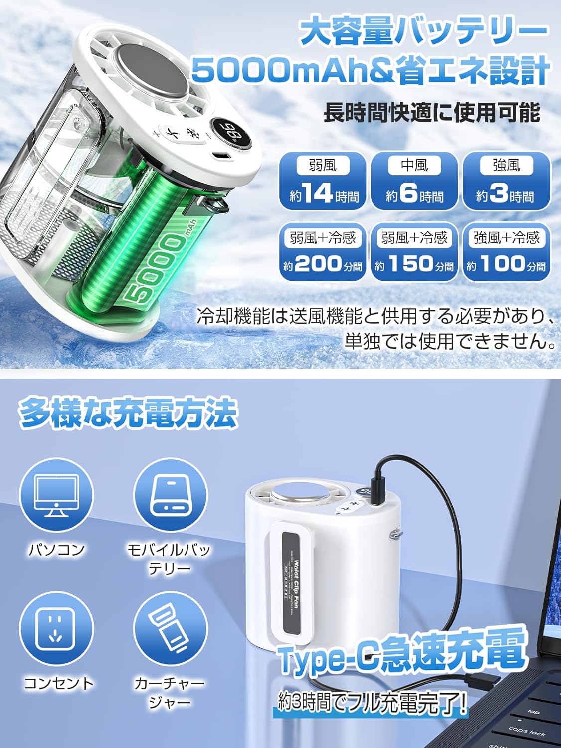 【冷却プレート付き】充電式ハンディファン 5000mAh バッテリー くびかけ式 100段階風量調節 屋外用