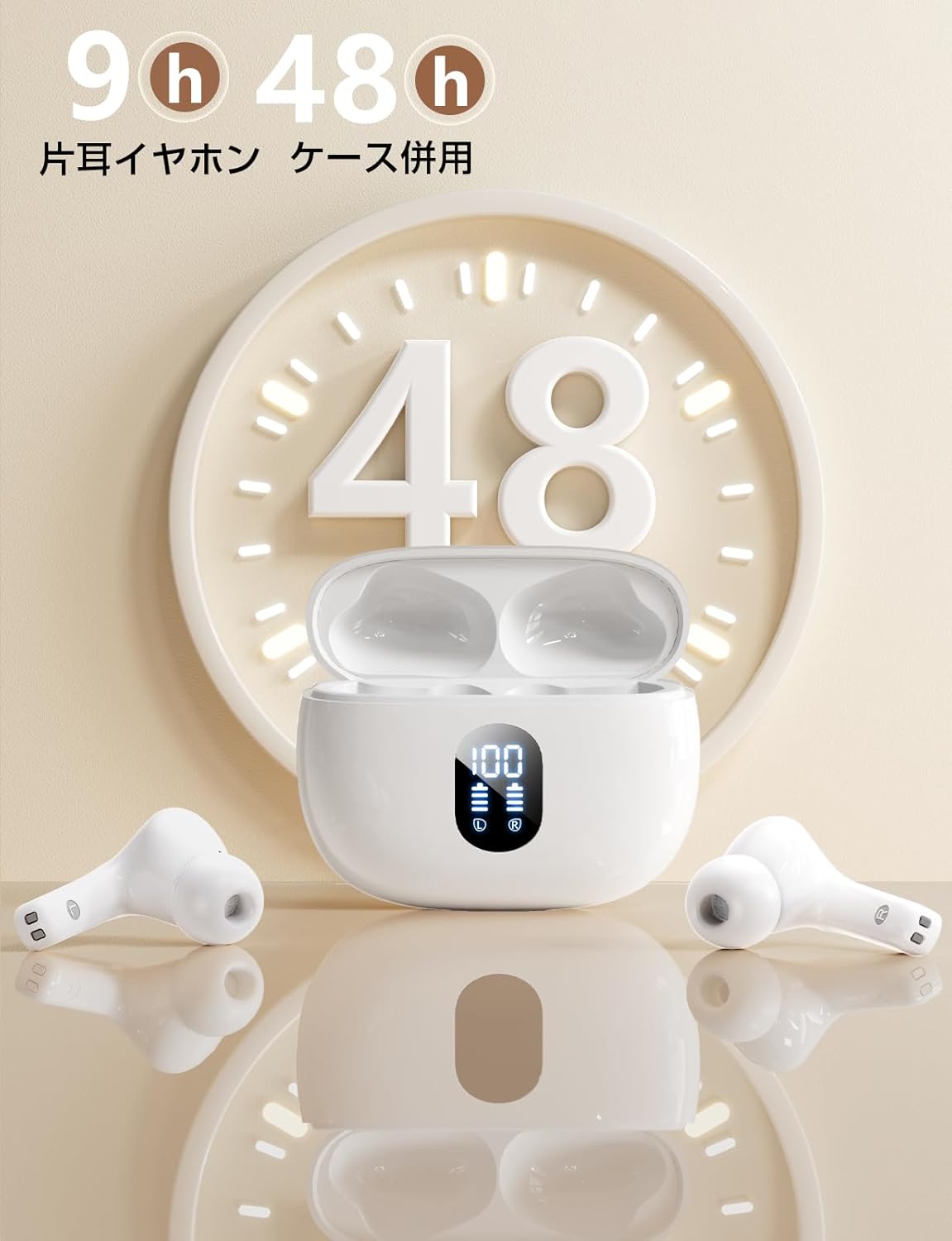 Bluetoothワイヤレスイヤホン 48時間再生 IPX7防水 Hi-Fi音質 Type-C急速充電 (ホワイト)