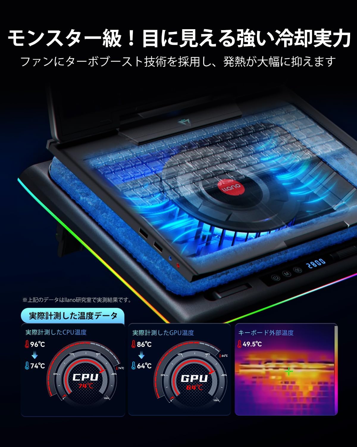 「ノートパソコン冷却パッド ターボブースト技術 / RGBライト / 360°全方位送風対応 15-19インチ用」