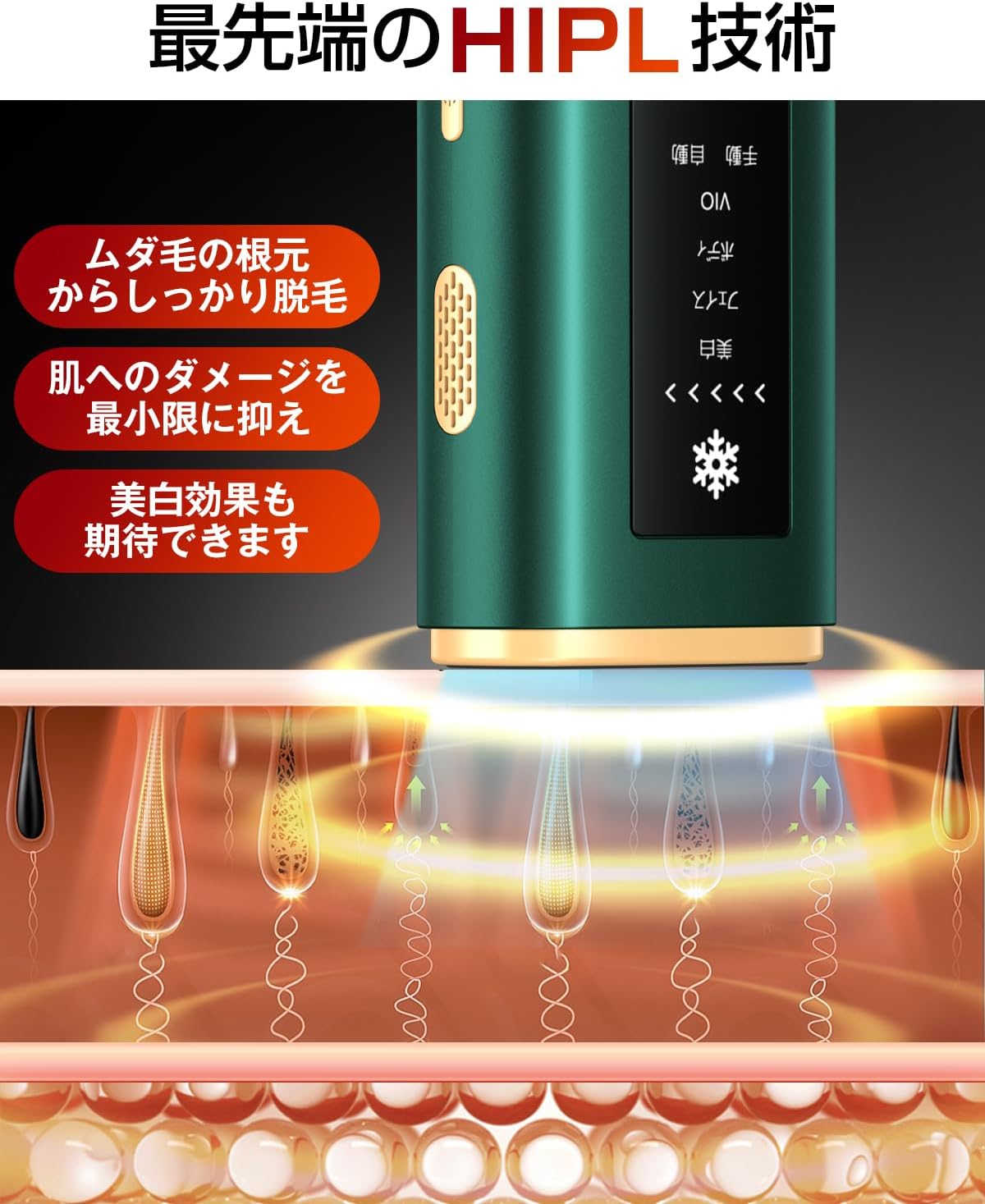家庭用冷感光脱毛器 メンズ・レディース用 99万回照射 4モード 液晶ディスプレイ付き (グリーン)