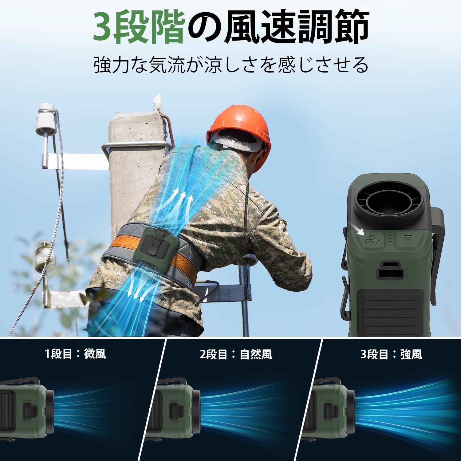 腰掛けファン 強力3段階風量調節 10000mAh大容量 静音 ウエストファン (グリーン)