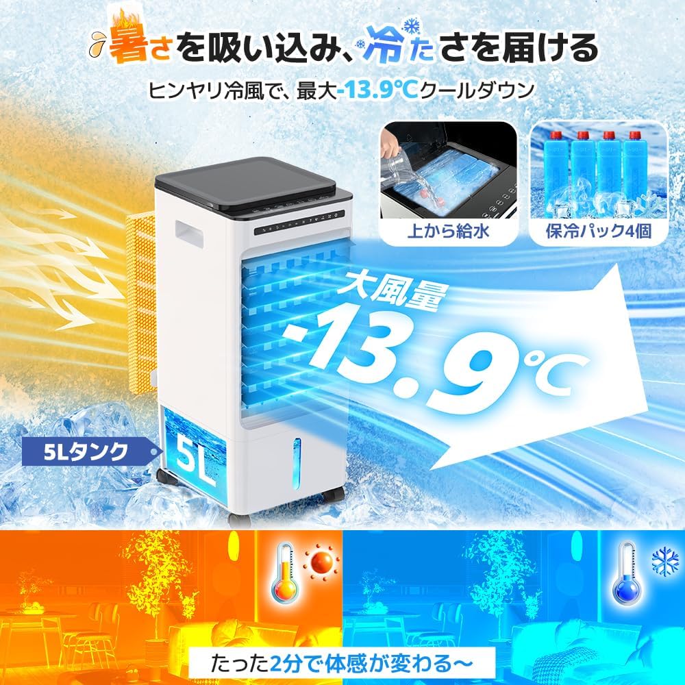 家庭用ポータブル冷風扇『2025革新型・極節電』静音・リモコン付き・3段階風量・大容量5L