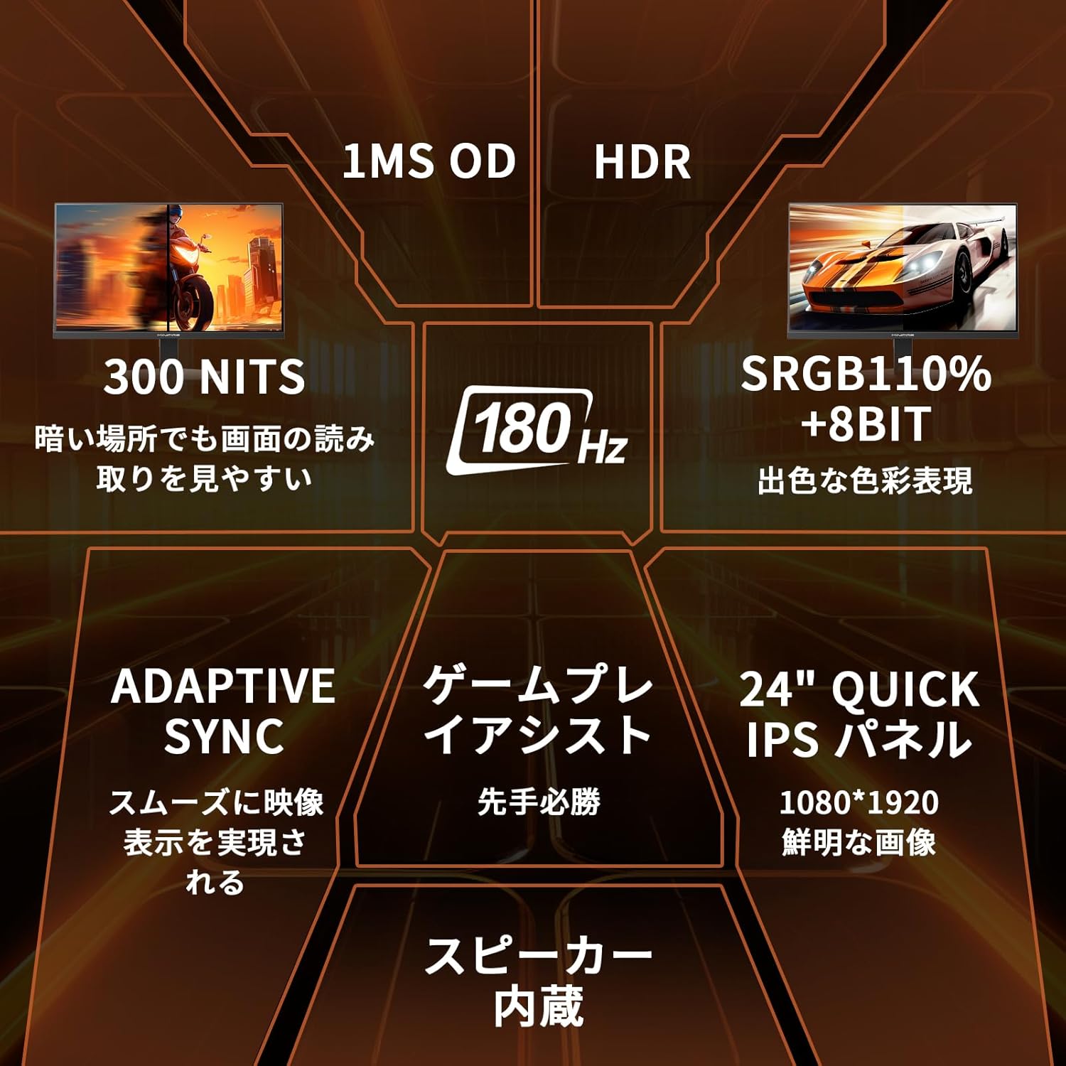 Minifire 24インチ ゲーミングモニター 180Hz FHD HDR10 内蔵スピーカー VESA対応 DP1.4 HDMIケーブル付属