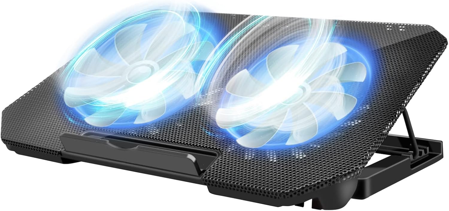 ノートパソコン冷却パッド 4段階高さ調整 LEDライト付き USBポート2つ メタルメッシュデザイン 9-17インチ対応 (ブラック)