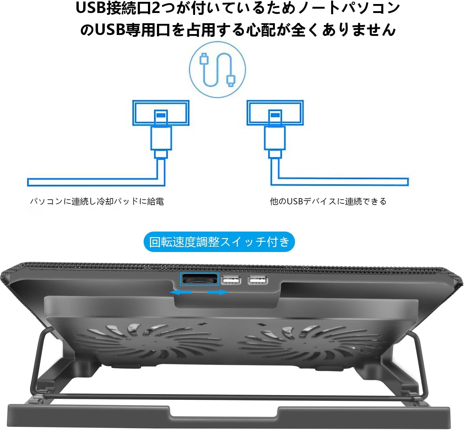 ノートパソコン冷却パッド 4段階高さ調整 LEDライト付き USBポート2つ メタルメッシュデザイン 9-17インチ対応 (ブラック)