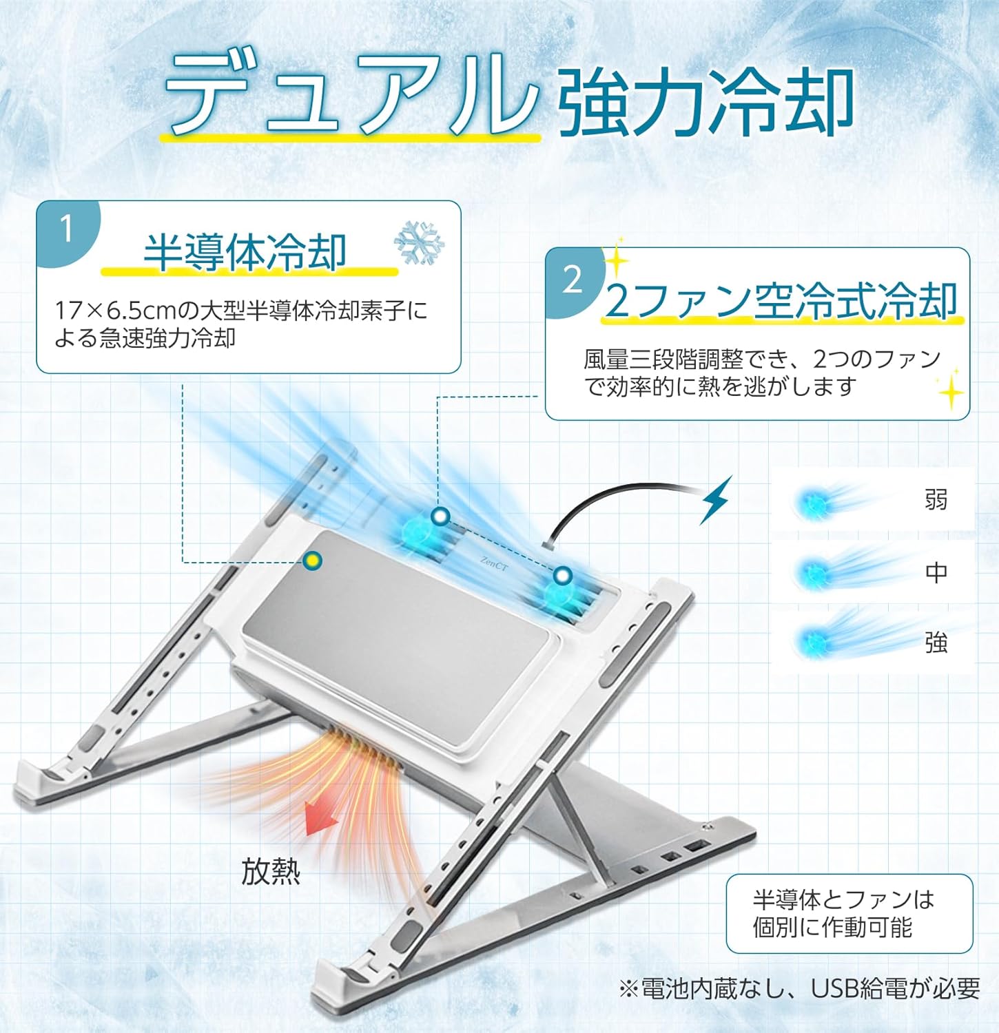 ノートパソコン用冷却パッド【半導体+強力ファン・最大6℃冷却】4段階高さ調整対応
