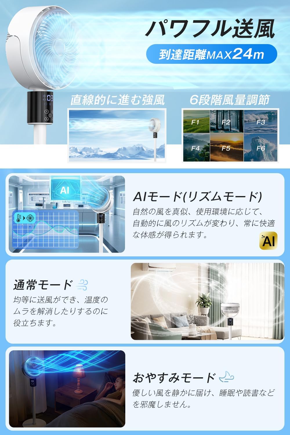 AI機能搭載 DCモーターサーキュレーター リビング・卓上兼用 3D首振り 静音 省エネ 12時間タイマー 最大30畳対応 (ホワイト)