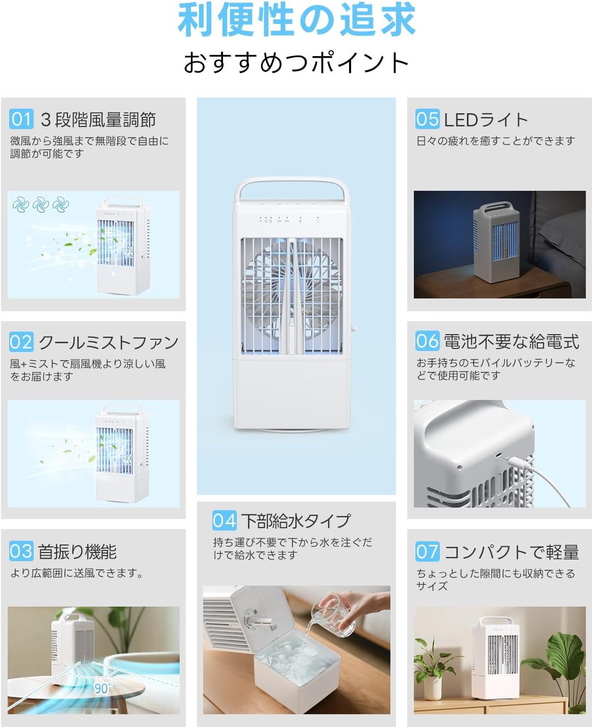 冷風機 卓上クーラー 【2025新版】 USB給電式・超強力噴霧・首振り・8W省エネ・900ML大容量