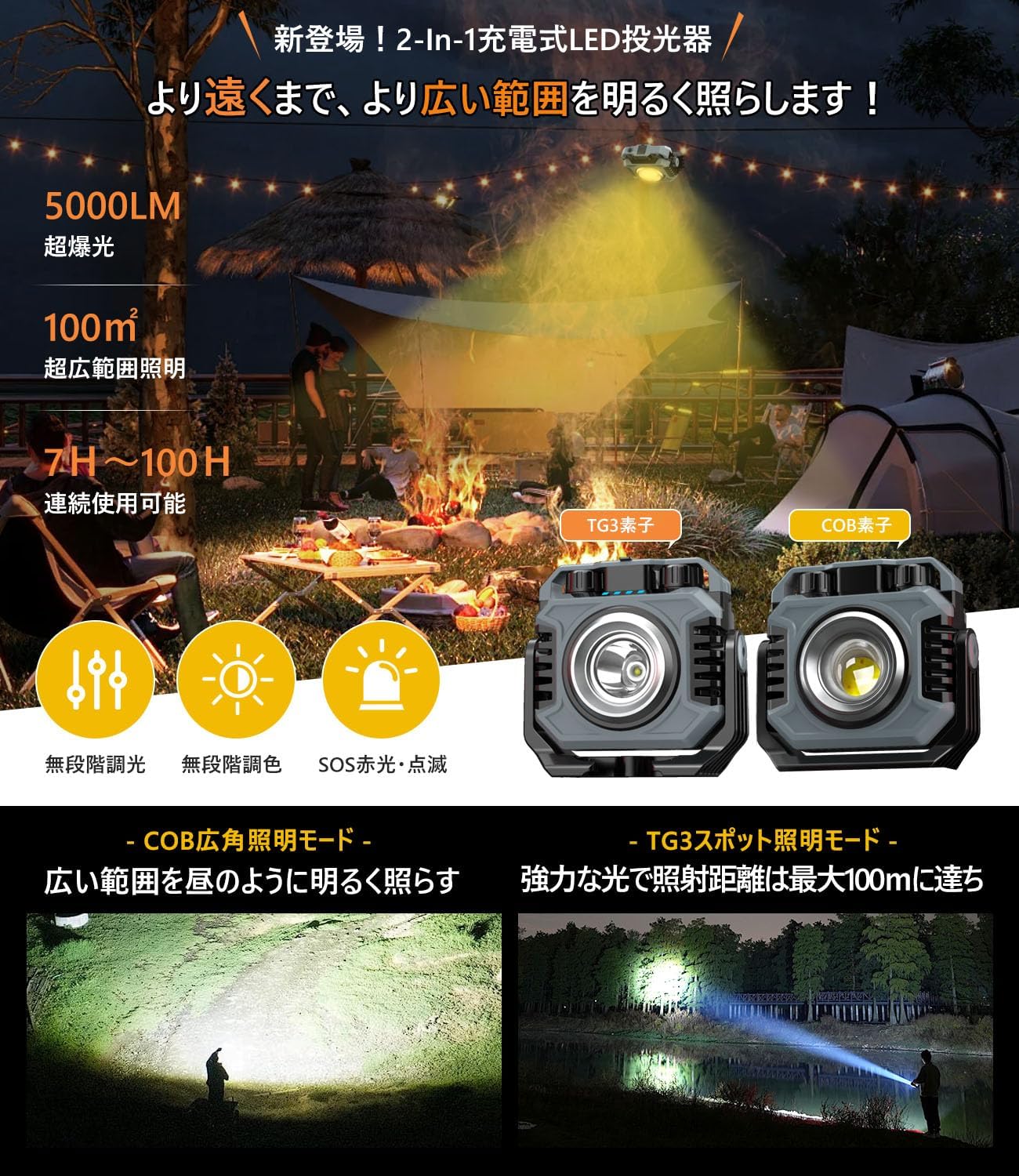 充電式LED投光器 ワークライト 5000lm 三脚・収納袋付き 防水・調光可能 7000mAh 地震対策・キャンプ・作業用