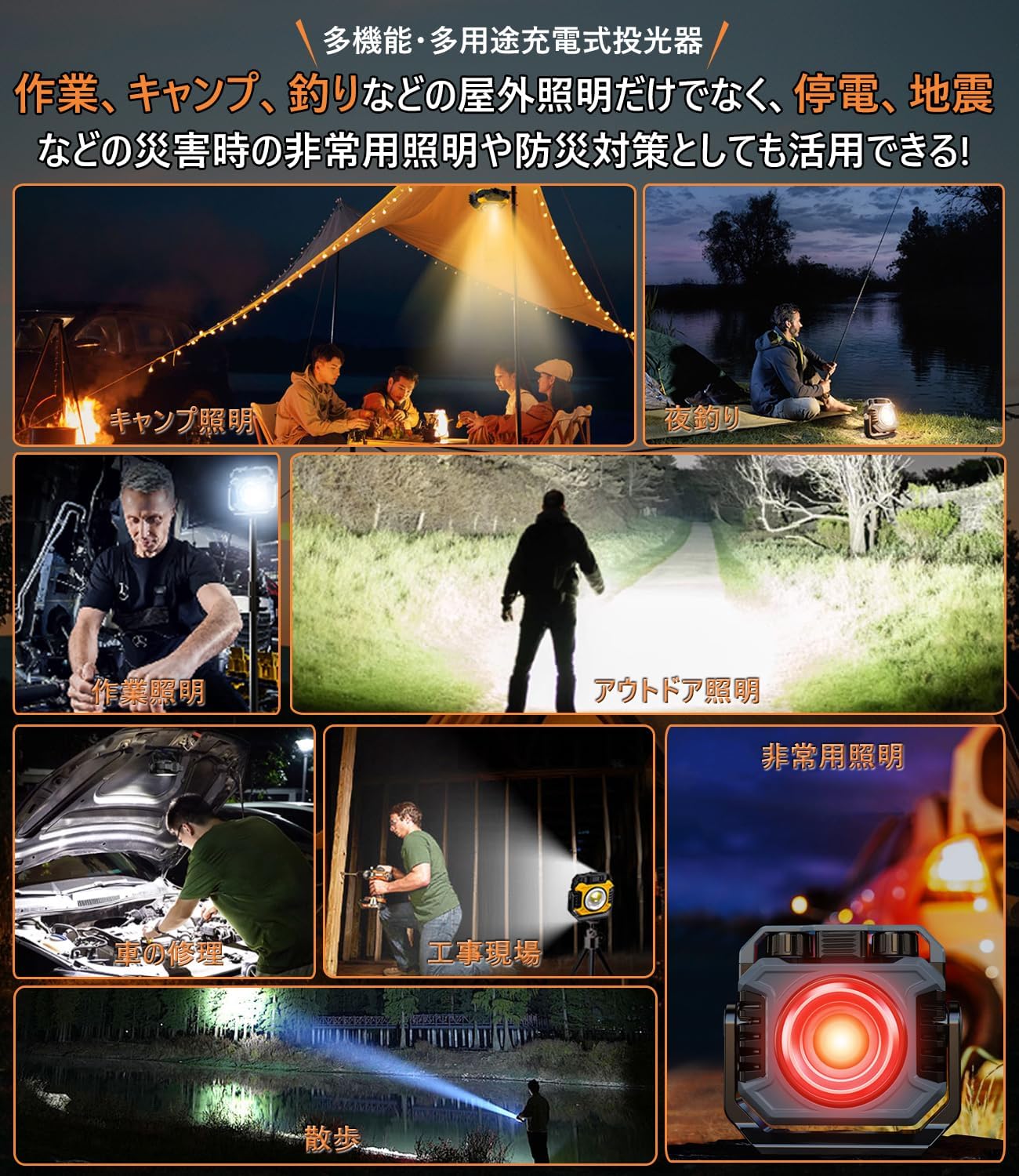 充電式LED投光器 ワークライト 5000lm 三脚・収納袋付き 防水・調光可能 7000mAh 地震対策・キャンプ・作業用