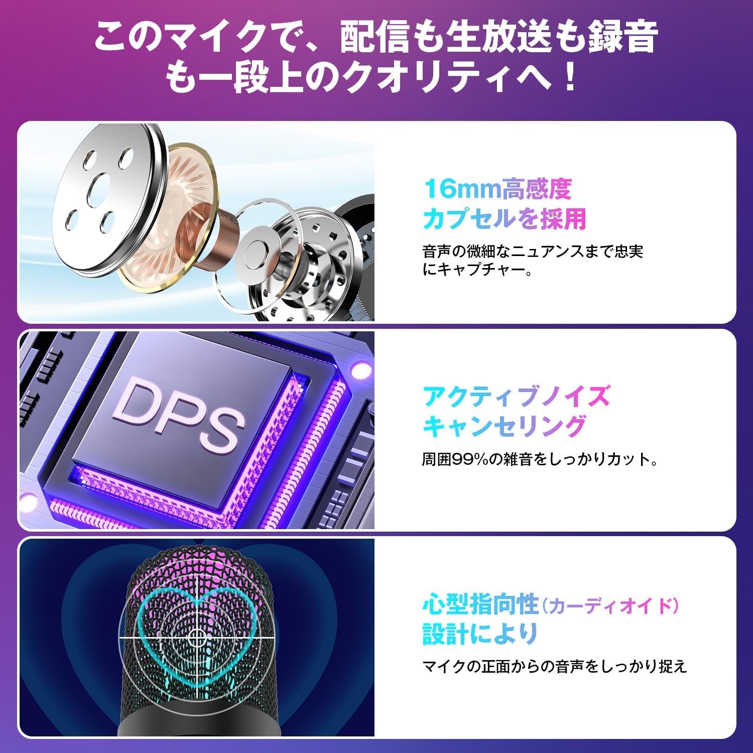 ゲーミングPC用USBコンデンサーマイク - 192kHz/24bit、ノイズキャンセリング、RGBライト、卓上型