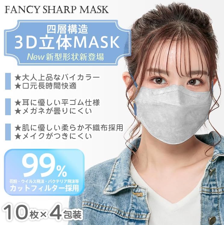 バイカラーデザイン KF94 不織布 3Dマスク 小顔効果 耳が痛くならない 40枚入り
