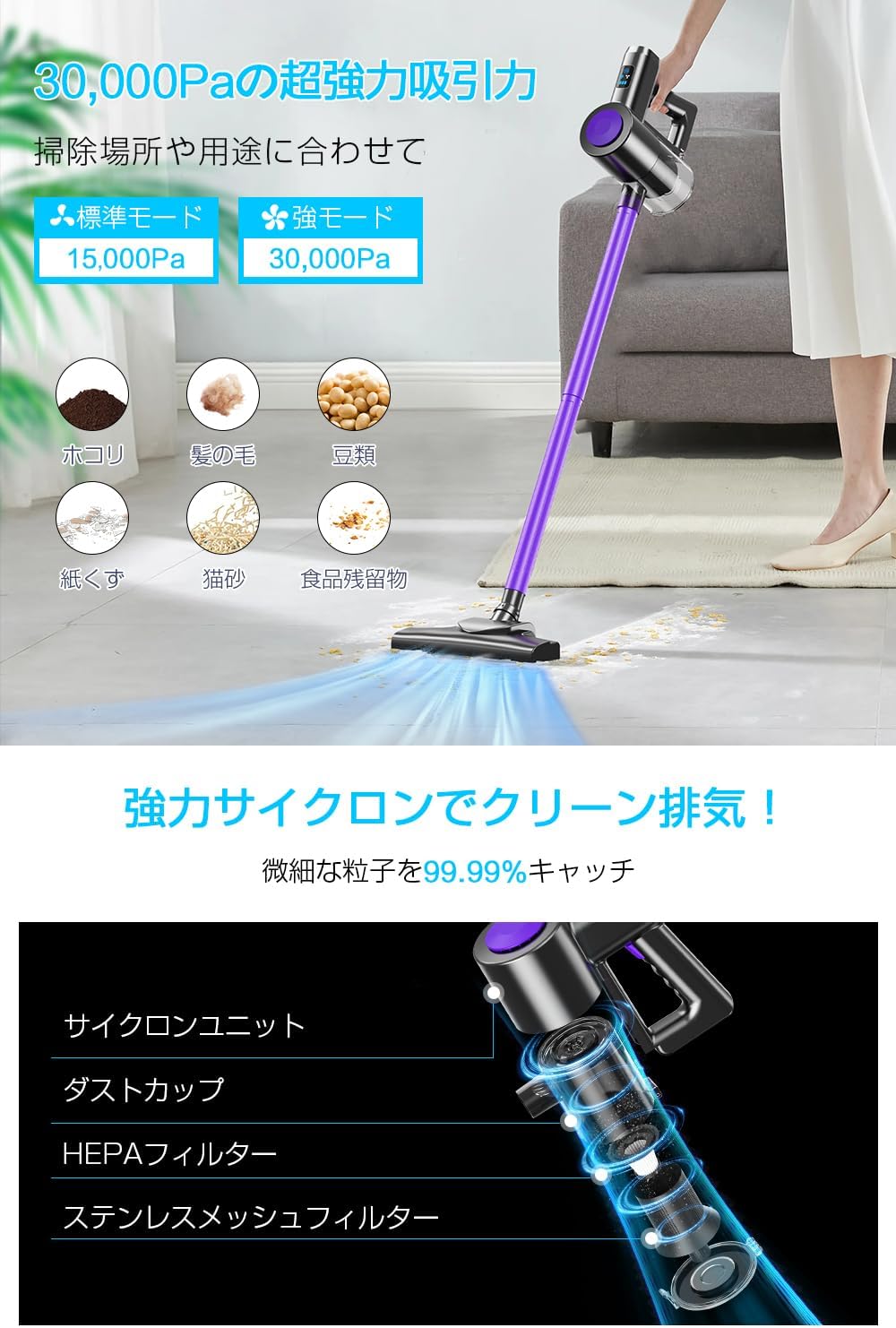 コードレス掃除機 2025年モデル 26000Pa強力吸引 45分稼働 HEPAフィルター 自立型 充電式ノズル付き
