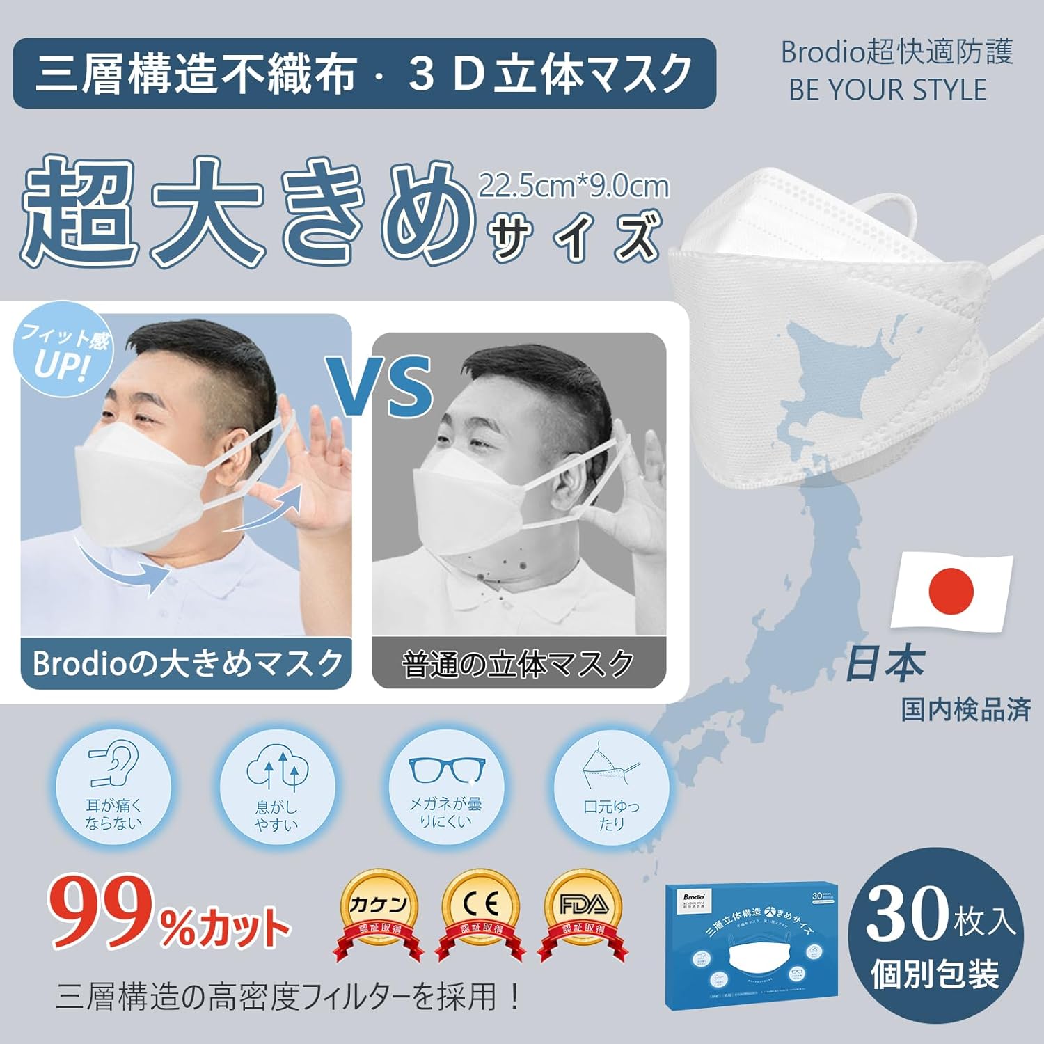 大きめサイズ 3D立体マスク メンズ用 不織布 個包装30枚 耳が痛くならない 通気性良好 【日本カケンテスト認証済】