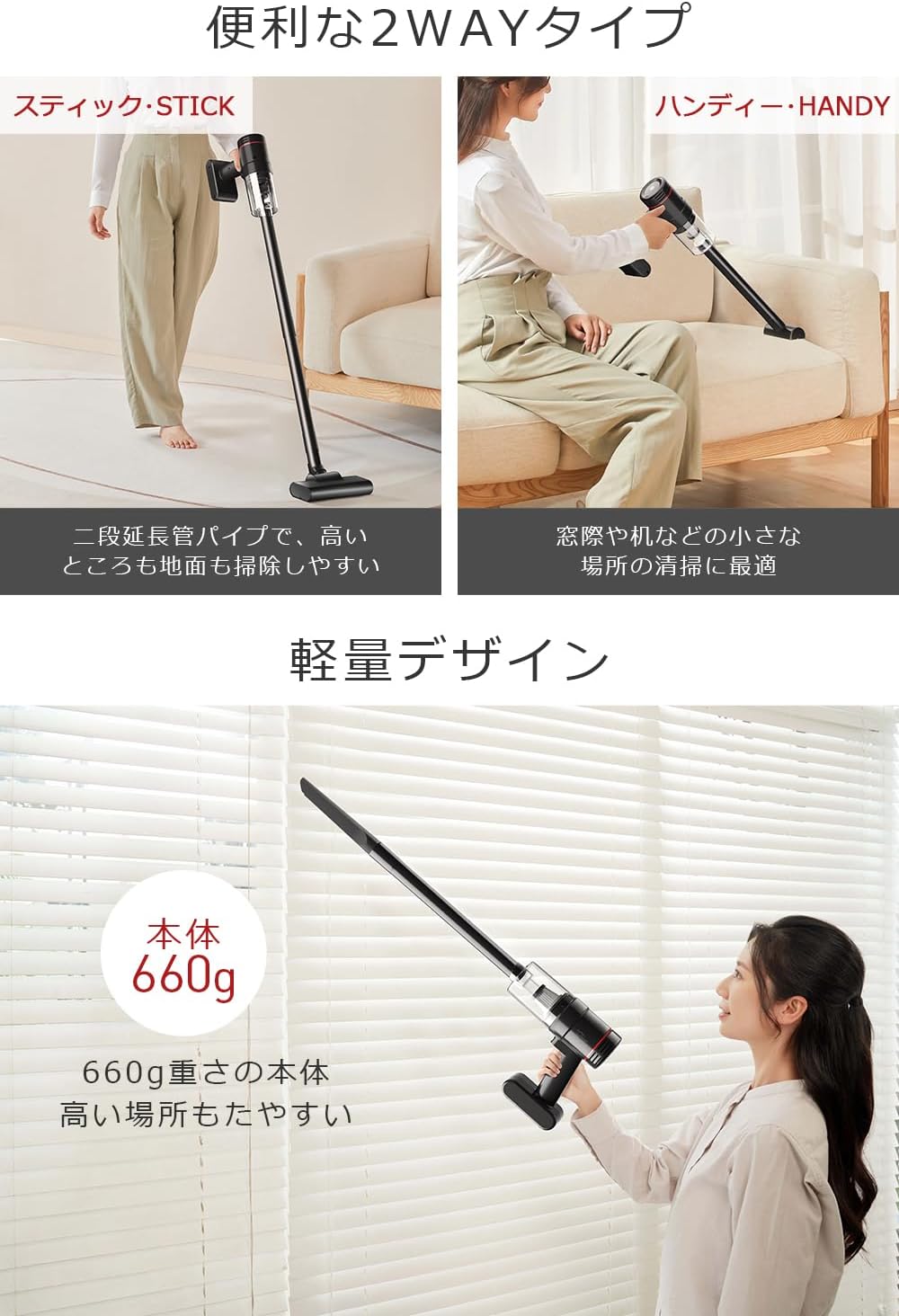 父の日プレゼント コードレス掃除機 15000Pa超強力吸引 0.6kg軽量 2way ハンディ・スティッククリーナー 5種ノズル 充電式 HEPAフィルター