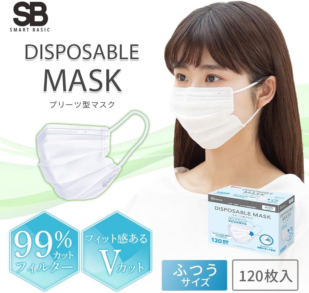 不織布プリーツマスク 120枚入 大容量 ふつうサイズ 耳が痛くならない ホワイト【Amazon.co.jp限定】