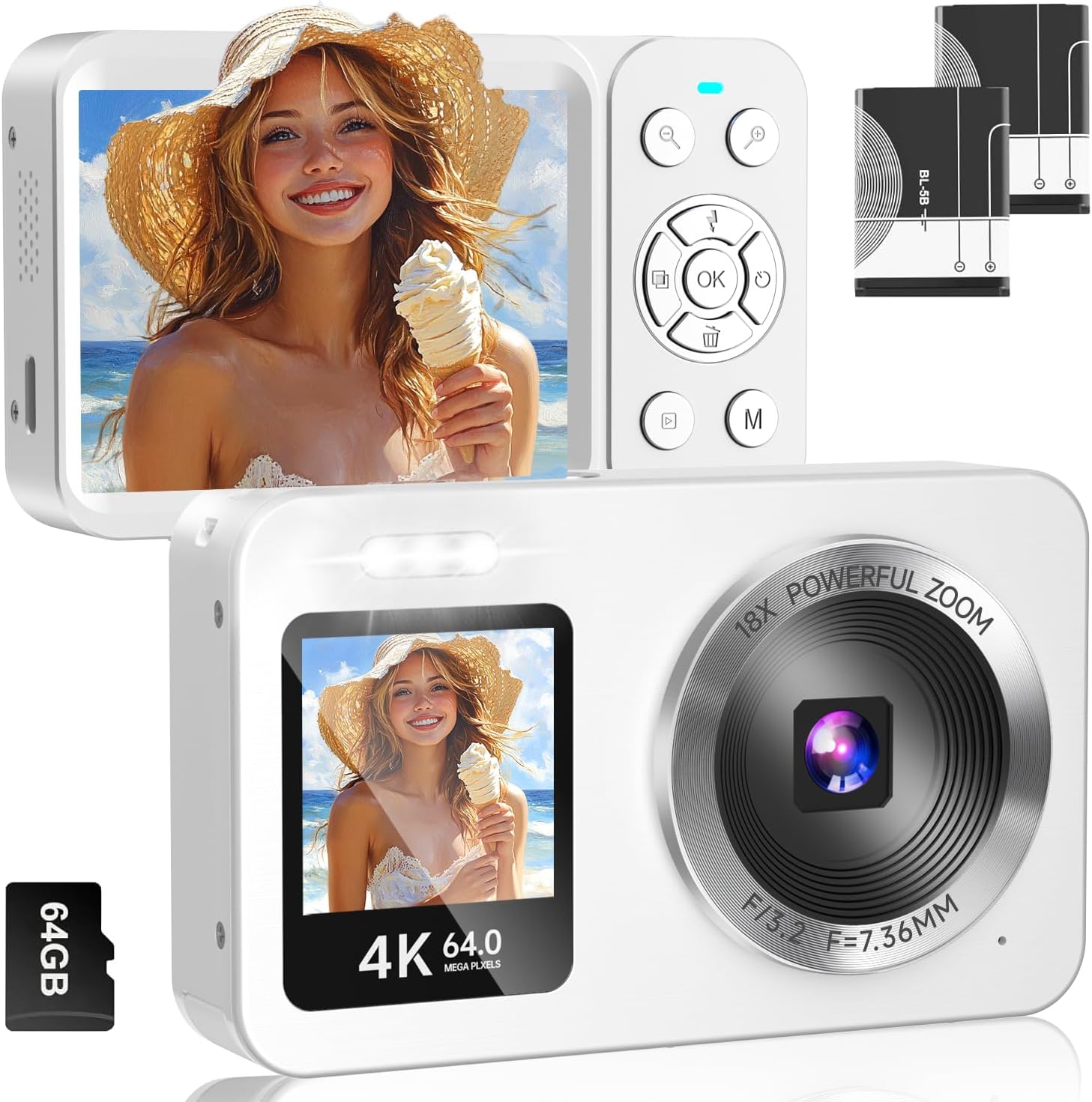 初心者向け4Kデジタルカメラ（6400万画素・30FPS・自撮り機能・18倍ズーム・64GBカード付）ホワイト