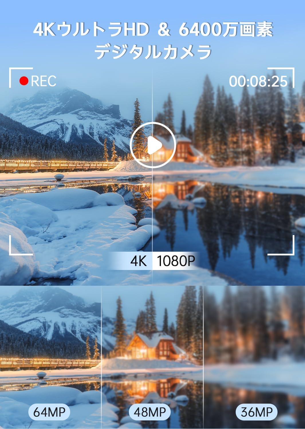 初心者向け4Kデジタルカメラ（6400万画素・30FPS・自撮り機能・18倍ズーム・64GBカード付）ホワイト