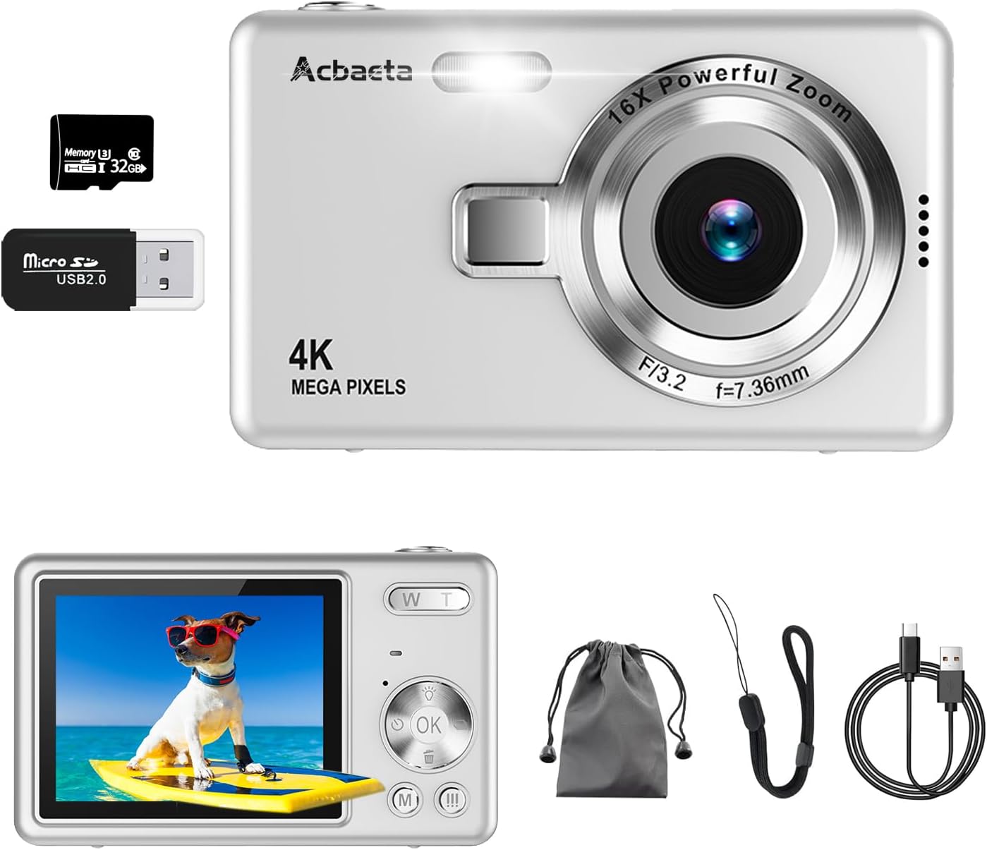 4K動画撮影対応 5000万画素コンパクトデジタルカメラ 32GB Micro SDカード付き 充電式バッテリー 初心者・学生向け
