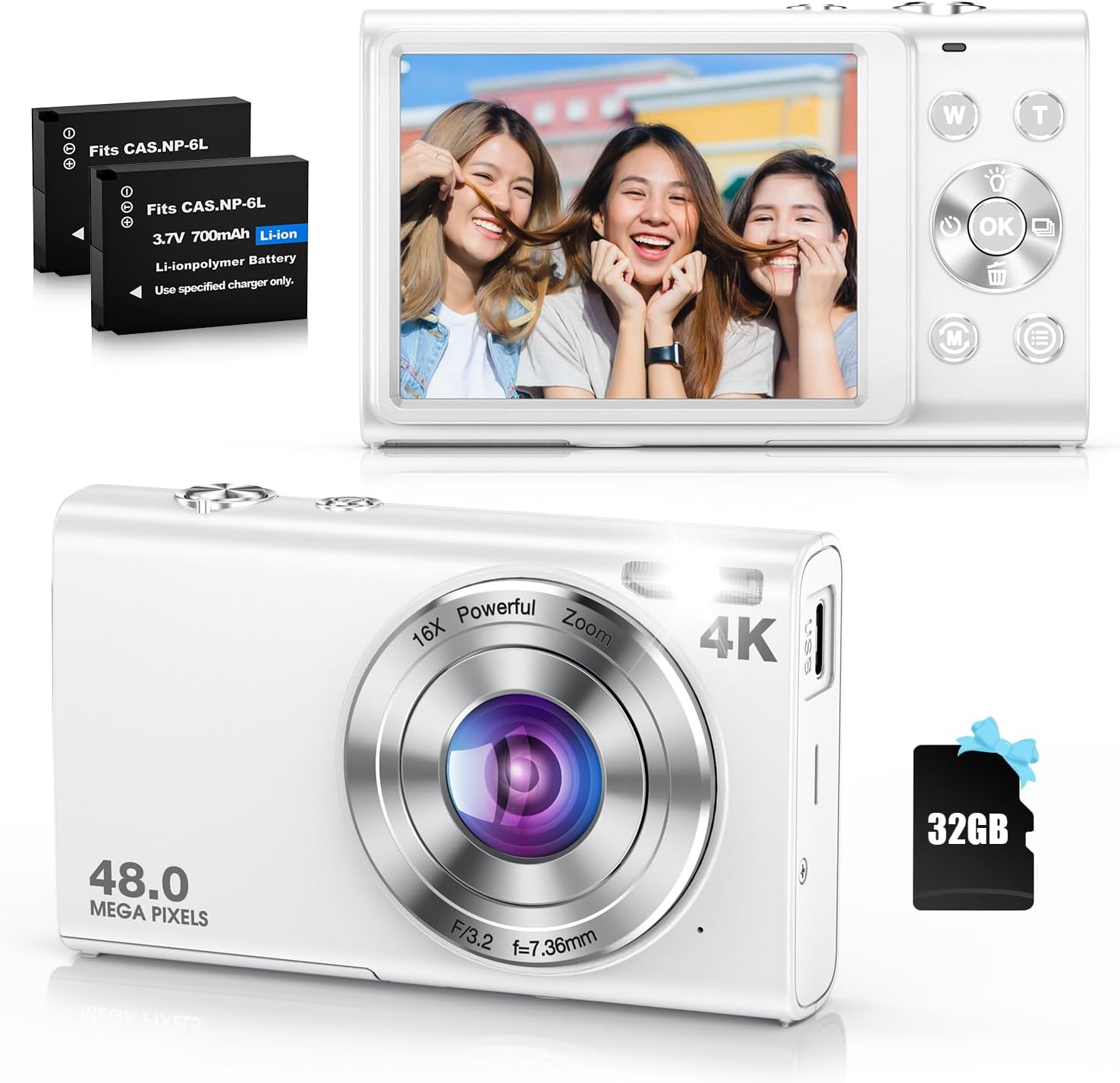 初心者向け 4Kデジタルカメラ 4800万画素 コンパクト オートフォーカス 自撮り Vlog対応 バッテリー2個・32GBカード付
