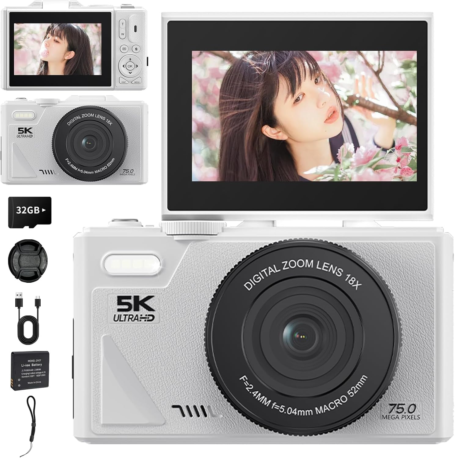 7500万画素・5K動画対応デジタルカメラ（WIFI、自撮りAF、手ブレ補正）初心者向け　ホワイト