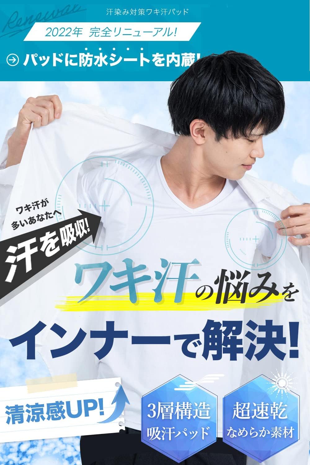 大汗さん用 脇汗パッド付き メンズ 汗取りインナー メッシュ