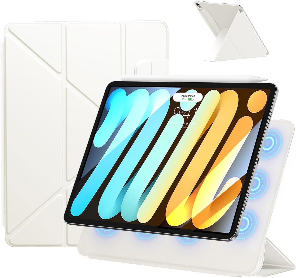 iPad mini7 ケース 8.3インチ 強力マグネット 三角形スタンド 超スリム 軽量 (クリーム)