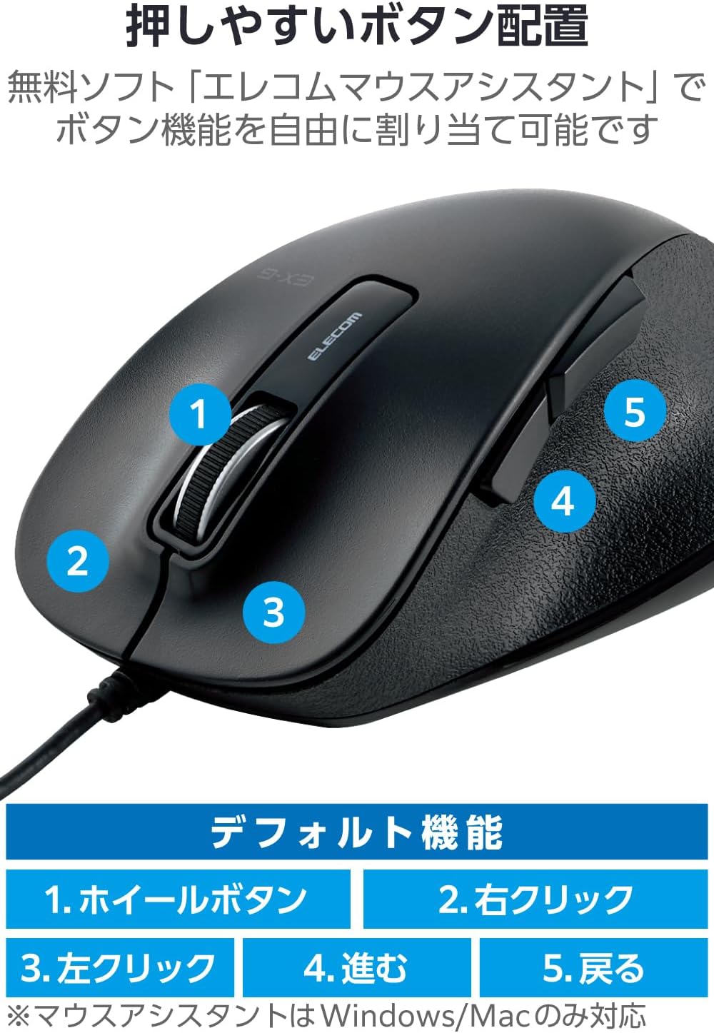 有線マウス Lサイズ 5ボタン静音 BlueLED ブラック M-XGL10UBSBK