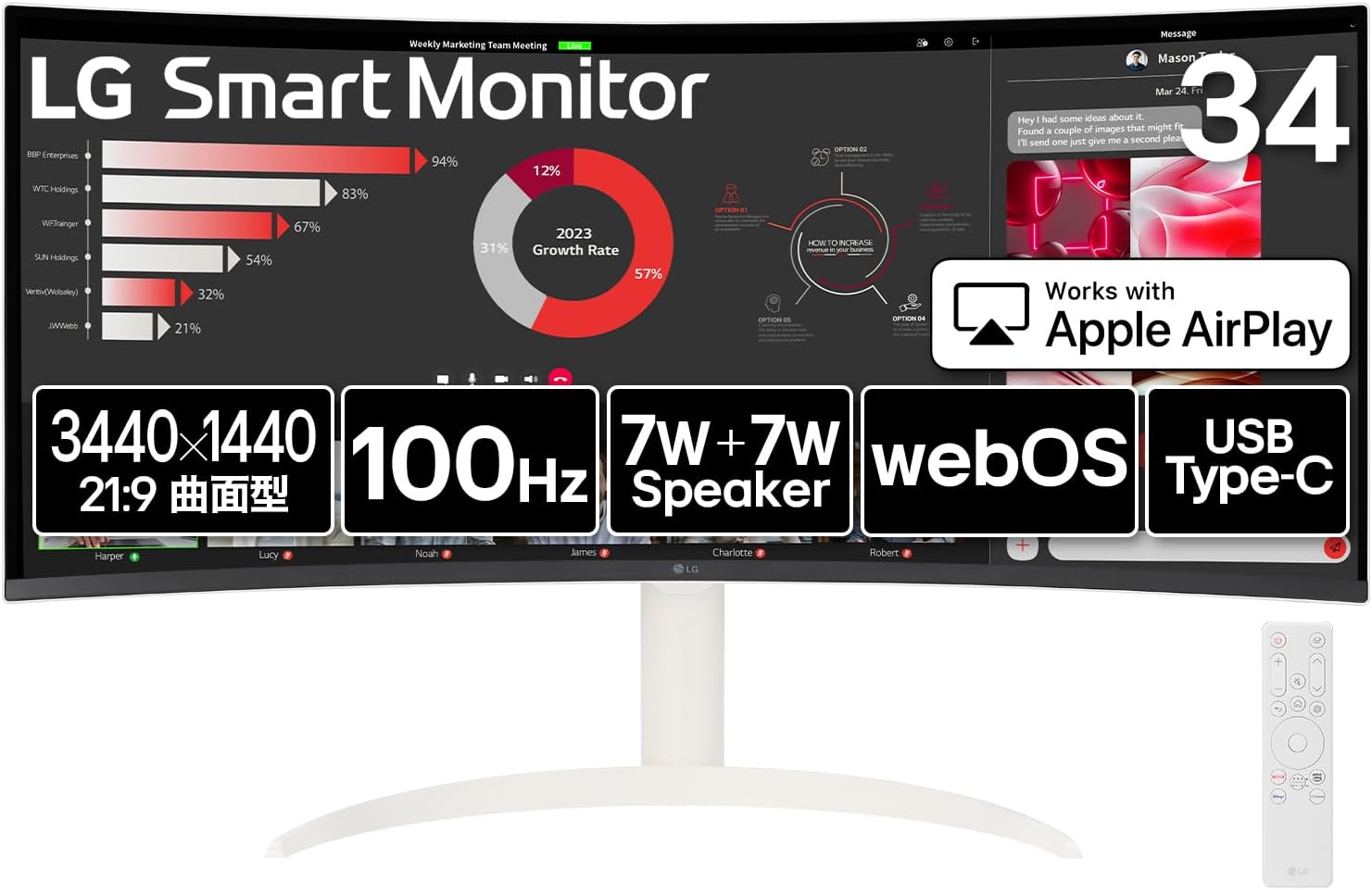 LG 34インチ ウルトラワイドモニター 3440×1440 100Hz USB Type-C sRGB99% HDR スマートモニター
