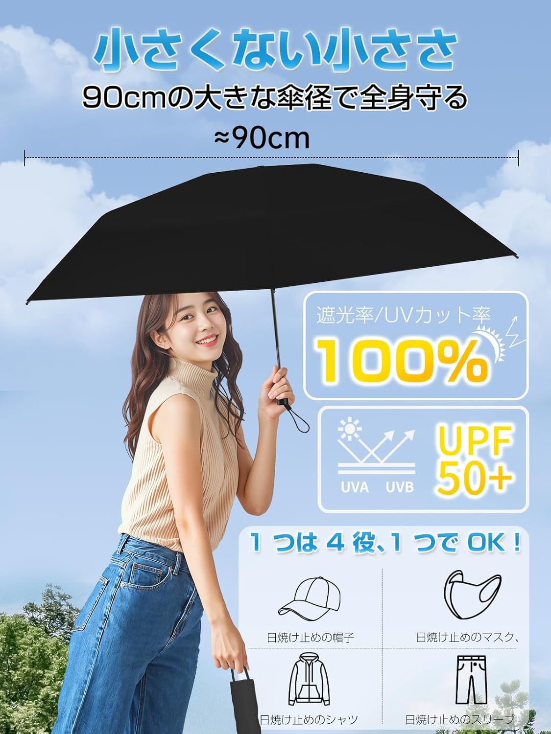 母の日・父の日プレゼント 極軽量UVカット日傘 折りたたみ 90cm (黒)