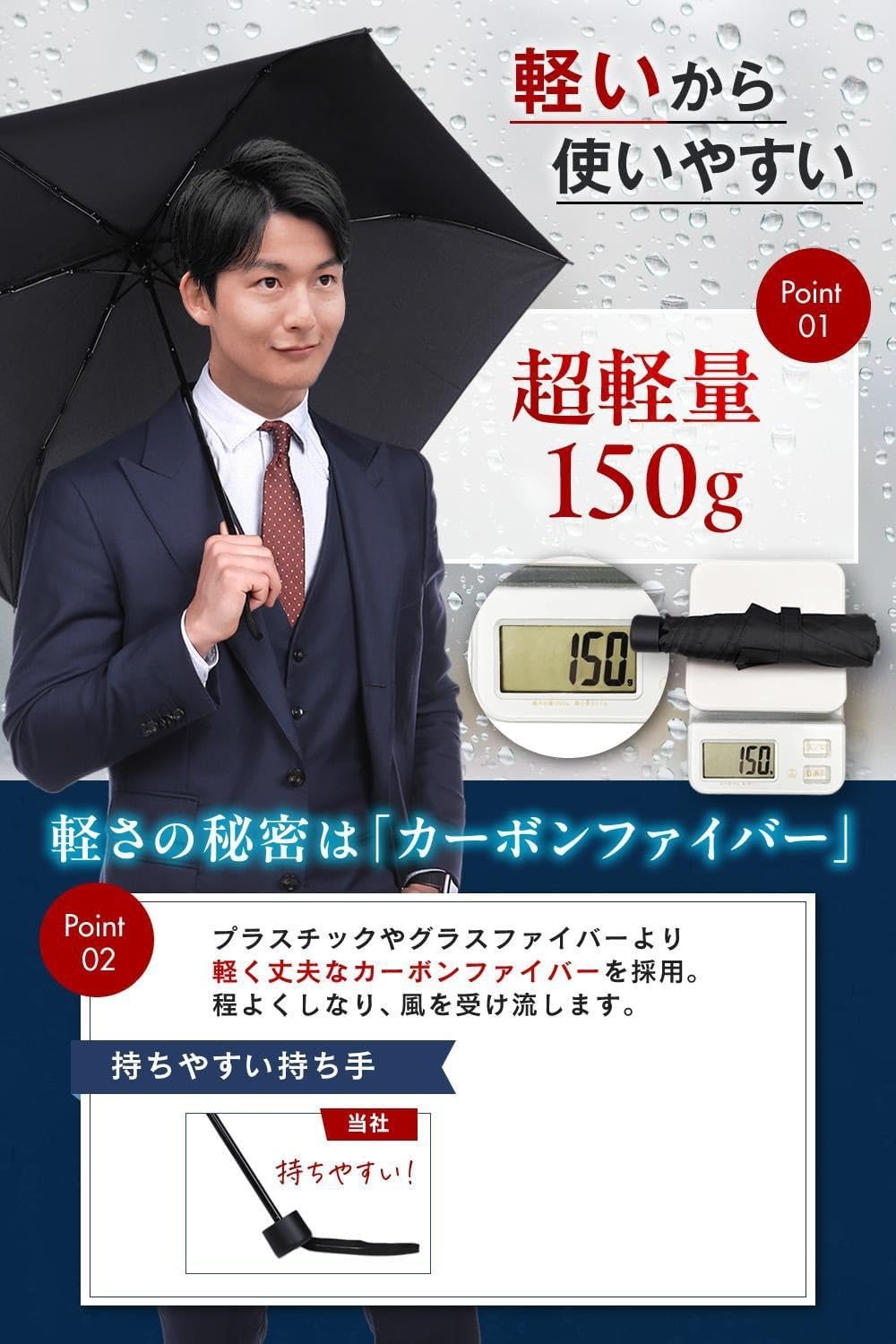 軽量カーボンファイバー折りたたみ傘 99㎝ 大きめ テフロン加工 メンズ・レディース用