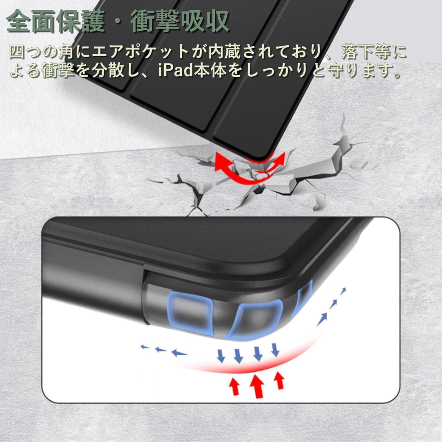 iPad Mini用三つ折りスタンドケース 耐衝撃 オートウェイク ブラック