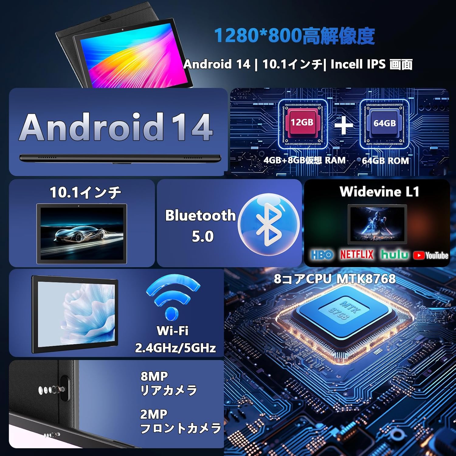 2025年モデル 10.1インチ Android 14 タブレット Wi-Fi版 12GB RAM/64GB ROM ブラック