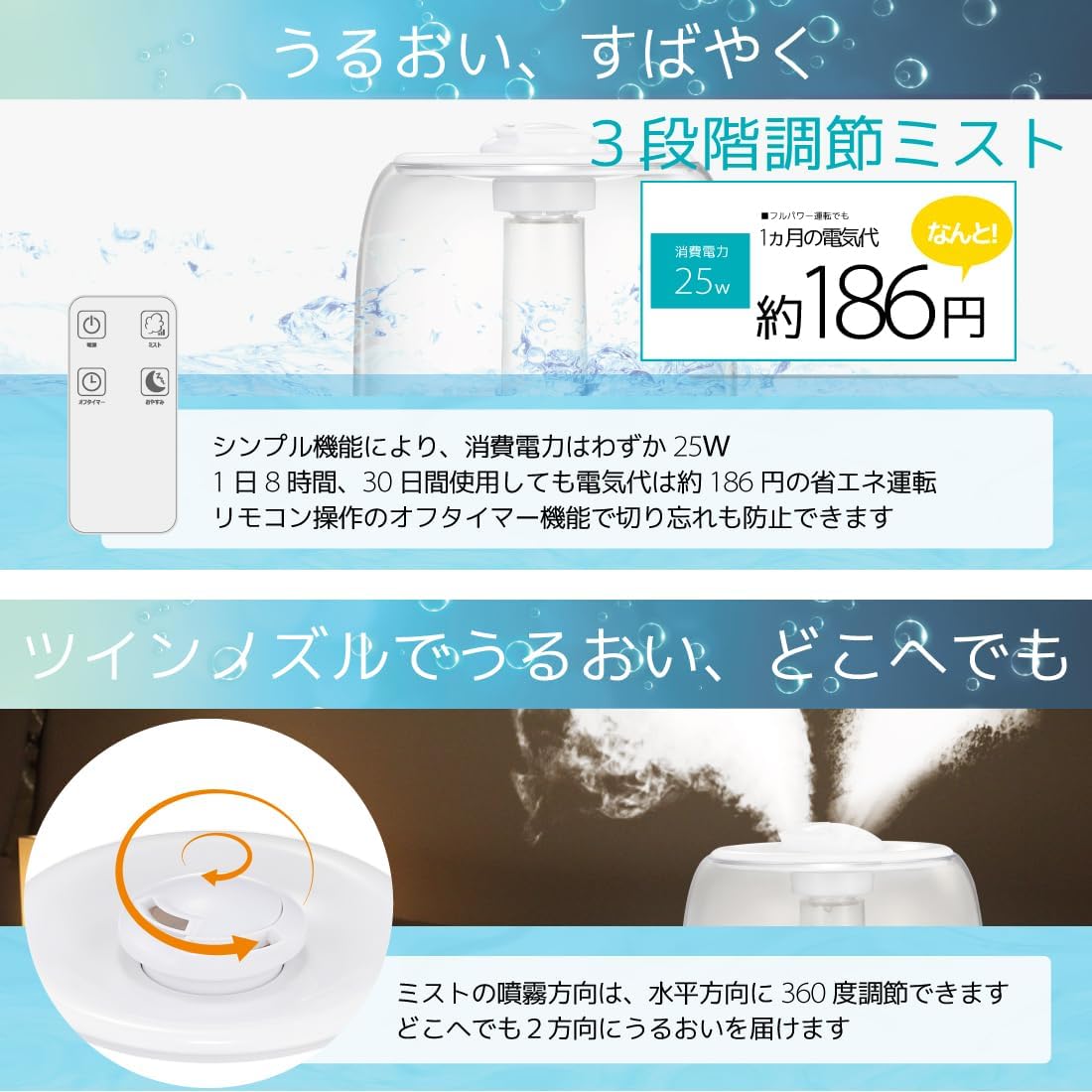 次亜塩素酸水対応 大容量超音波式加湿器 4.5L 抗菌フィルター搭載 18畳対応 360度回転タイプ