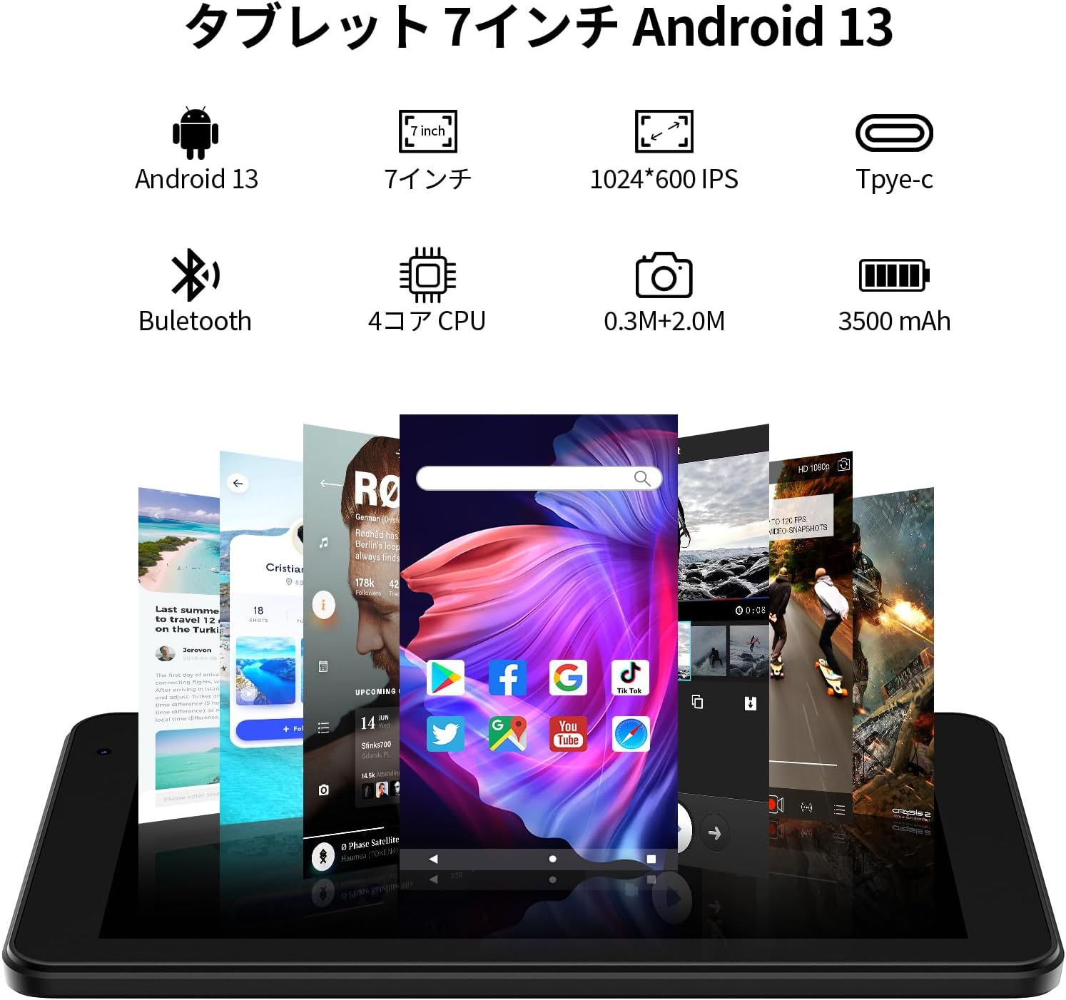 7インチAndroid 13タブレット Wi-Fiモデル 4GB RAM 32GBストレージ 512GB拡張可能 GMS認証 3500mAhバッテリー オンライン授業対応