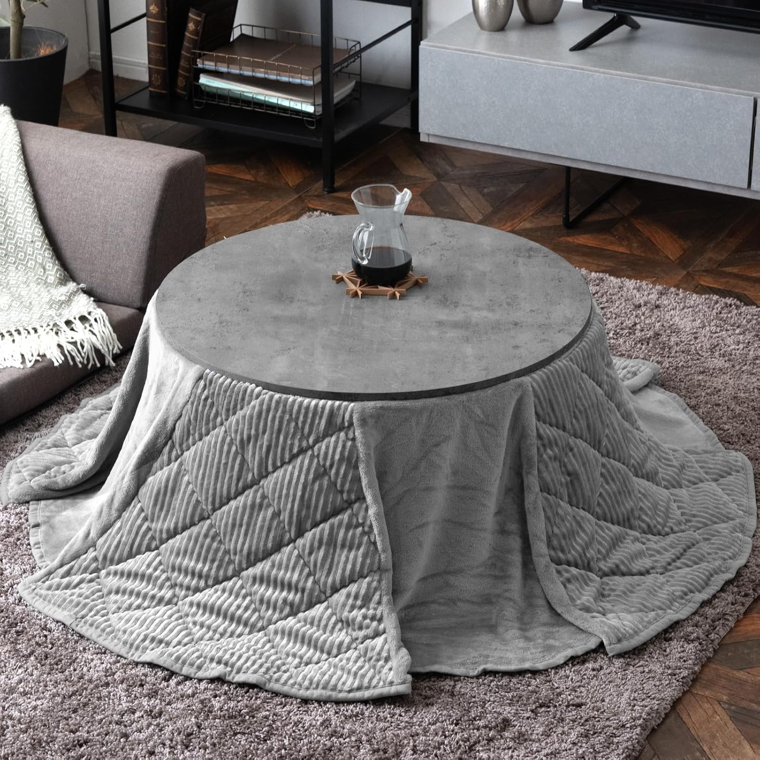 おしゃれな円形こたつセット（直径69㎝）ユーデュロイ生地・ストーングレー・一人暮らし用