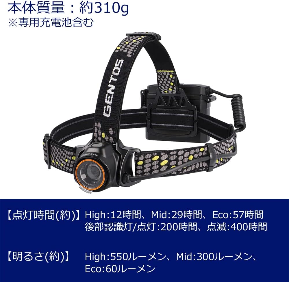 ジェントス USB充電式ロングレンダーLEDヘッドライト 300~500ルーメン