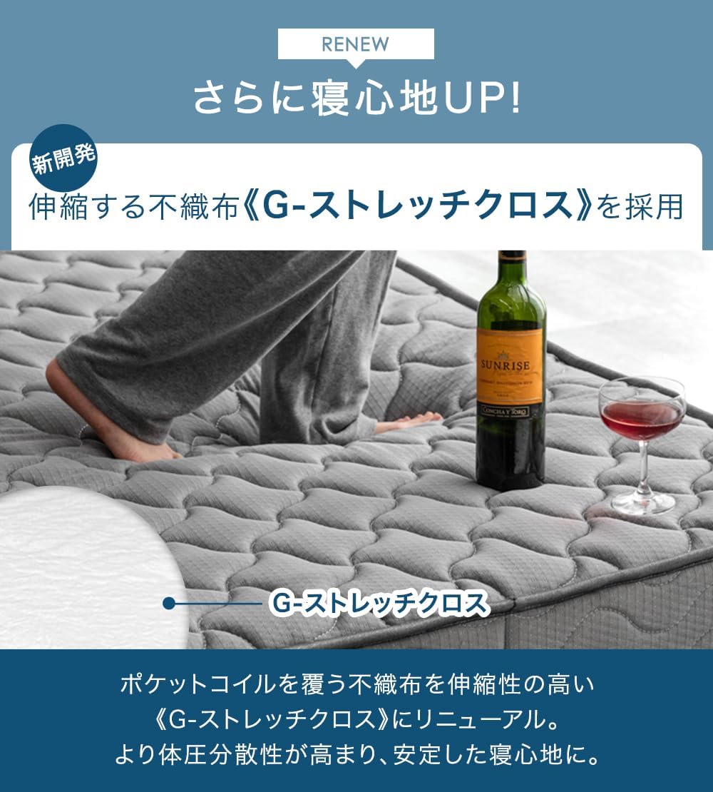 高密度ポケットコイルマットレス ダブル 22cm 二層ウレタン 通気性 3Dメッシュ グレー