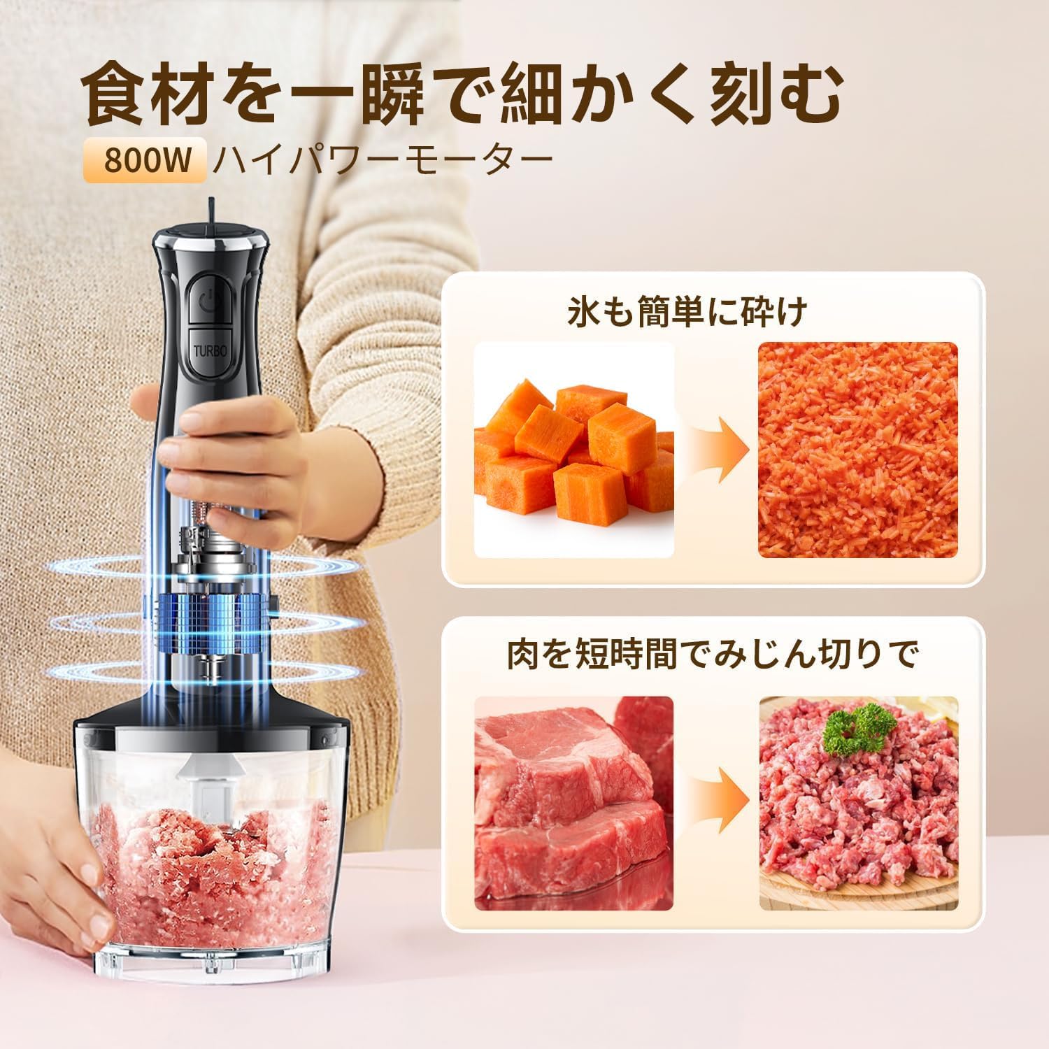 ハンドブレンダー 1台6役 800W 電動ミキサー 離乳食・フードプロセッサー (ブラック)