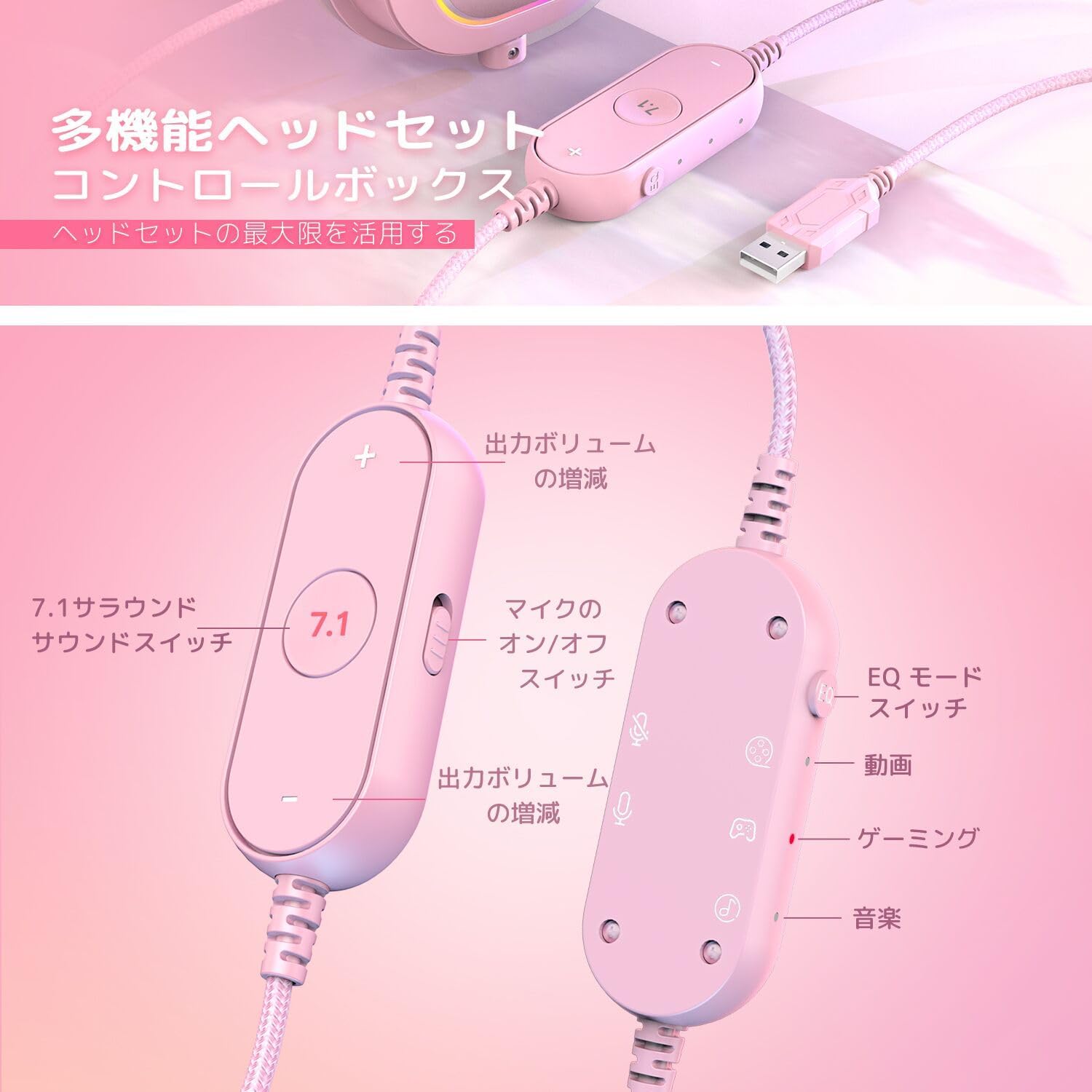 FIFINE 7.1chサラウンドゲーミングヘッドセット PC/PS4/PS5対応 RGBライト音量調整・着脱式マイク付